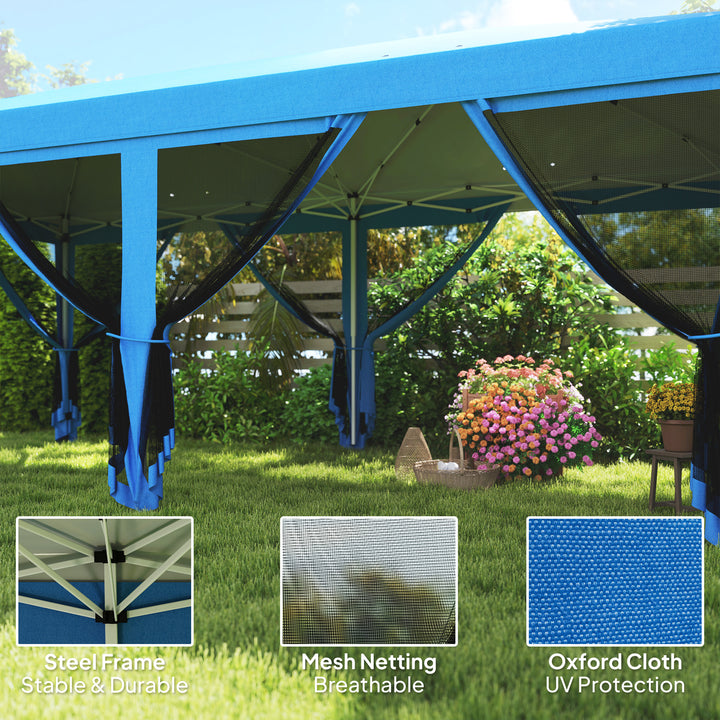 3 x 6m Pop Up Gazebo, Outdoor Canopy Shelter, Marquee Party Wedding Tent with 6 Mesh Walls and Carry Bag, Blue