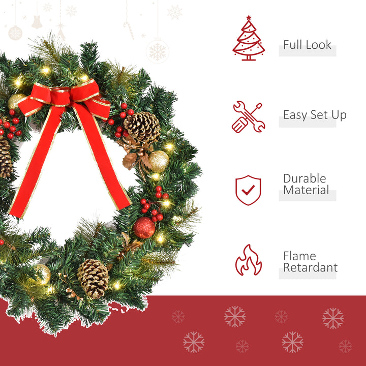 MCL 60cm Pre-Lit Artificial Christmas Door Wreath Holly LED Decor Pine Cones Hanging Glittered Festival Indoor Outdoor Decoration