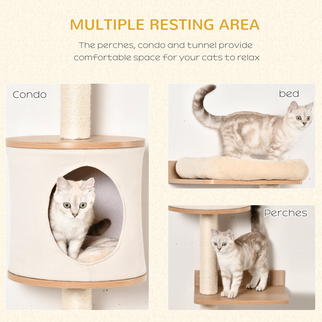 PawHut Cat Tree for Indoor Cats Wall-Mounted Cat Shelf Shelter Kitten Perch Climber Furniture w/ Condo Bed Scratching Post – Beige | Aosom UK