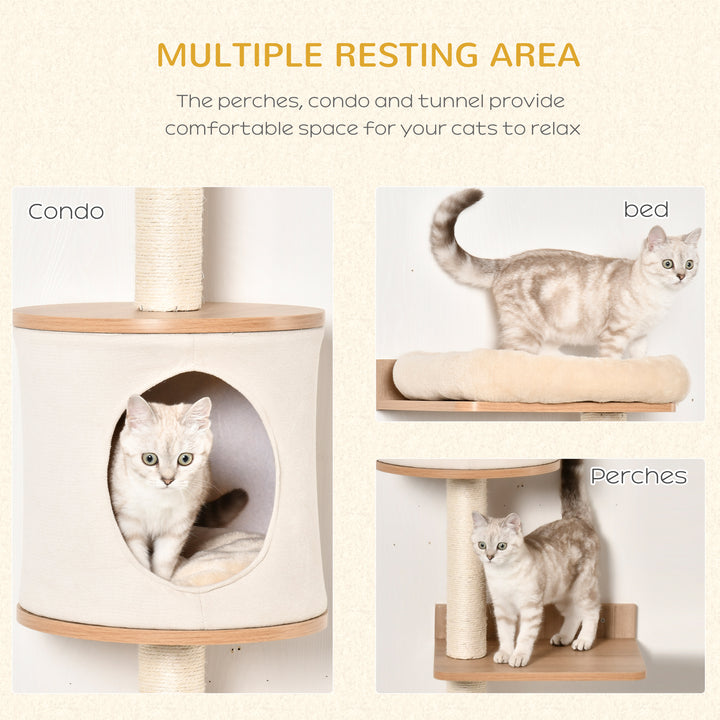 PawHut Cat Tree for Indoor Cats Wall-Mounted Cat Shelf Shelter Kitten Perch Climber Furniture w/ Condo Bed Scratching Post – Beige | Aosom UK