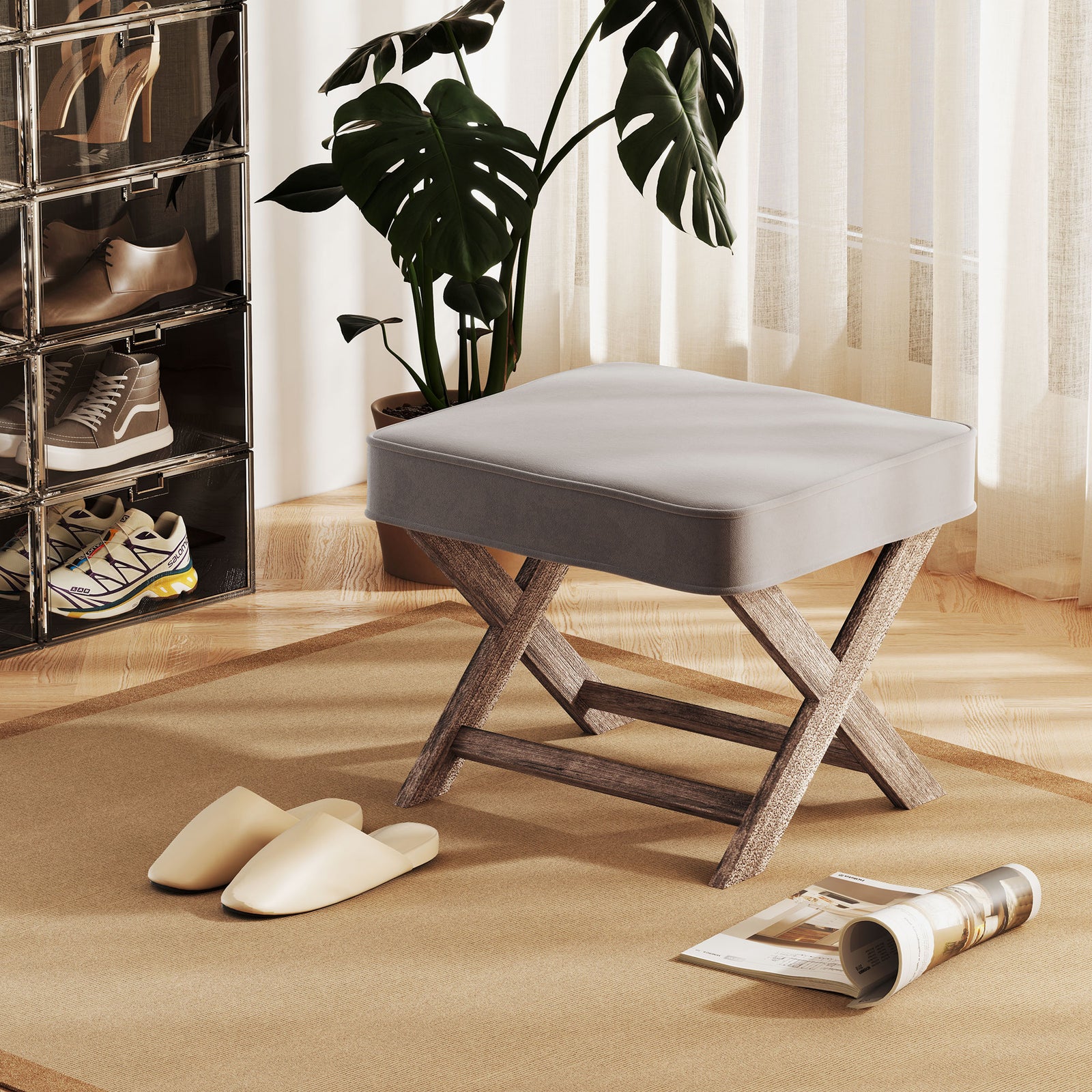 Vintage Footstool Padded Seat X Leg Chair Velvet Cover Shabby Chic Footrest Solid Rubber Wood Frame 49.5 x 45 x 41 cm Grey