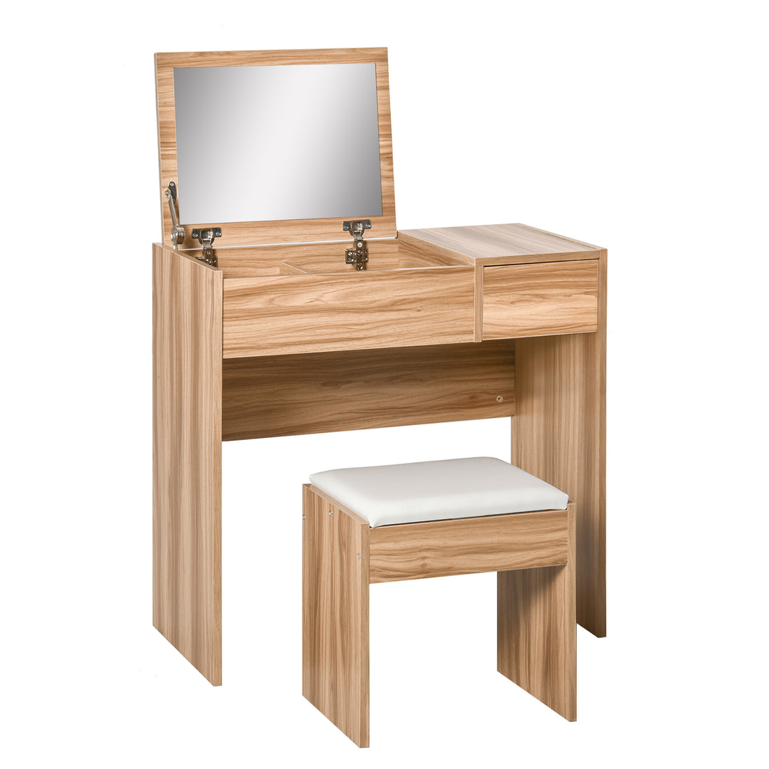 Dressing Table with Flip-Up Mirror and Cushioned Stool, Makeup Vanity Desk with Hidden Compartments and Storage Drawer, Convertible Writing Table for Bedroom, Natural