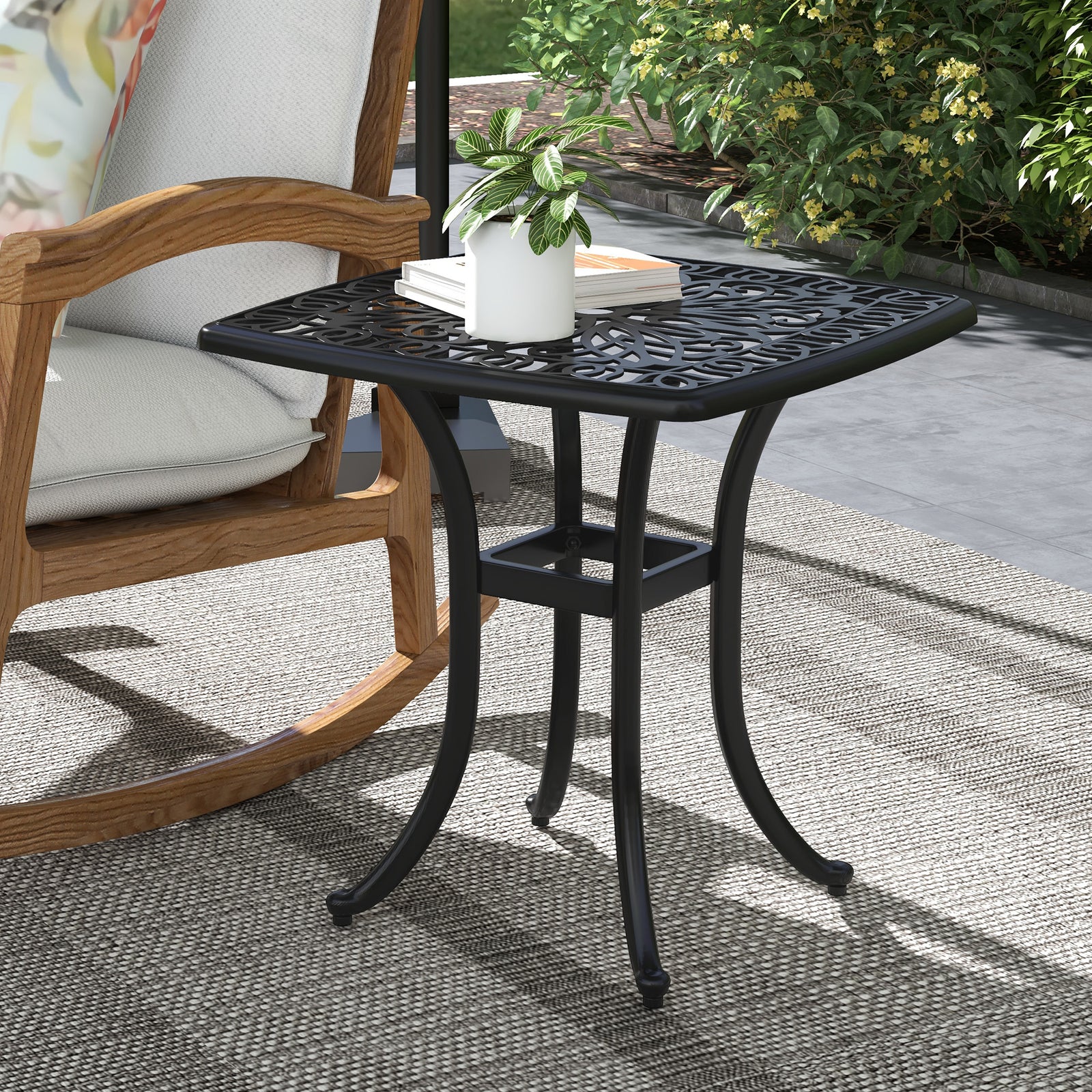 Cast Aluminium Bistro Table, Outdoor Square Side Table with Umbrella Hole, Garden Table for Balcony, Black