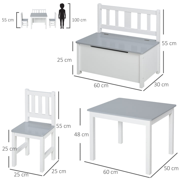 HOMCOM 4-Piece Kids Table Set with 2 Wooden Chairs, 1 Storage Bench, and Interesting Modern Design, Grey/White