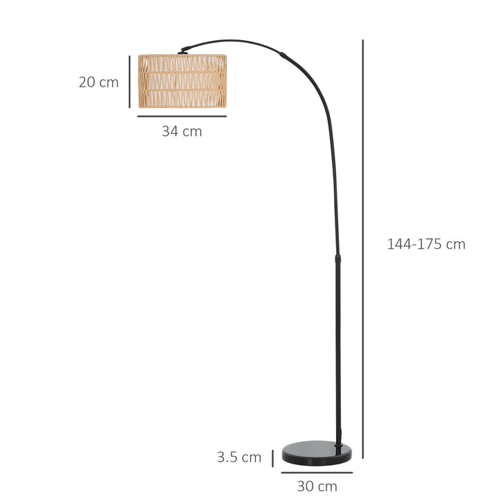 Rattan Floor Lamp for Living Room, Farmhouse Arc Standing Lamp with Dual-Layer Shade & Foot Switch, Height Adjustable Minimalist Tall Pole Lampshade for Bedroom, Office, Black
