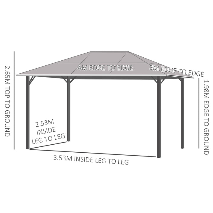 3 x 4m Hardtop Gazebo Canopy with Polycarbonate Roof, Aluminium Frame, Permanent Pavilion Garden Gazebo with Netting and Curtains - Grey