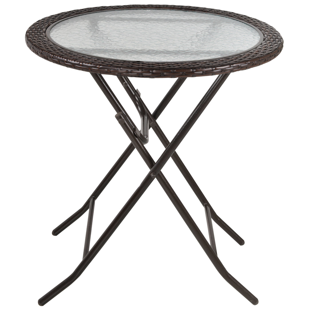 Folding Rattan Garden Dining Table, 68 cm Round Rattan Garden Table with Water Ripple Tempered Glass Top, Wicker Edging and Steel Frame for Outdoor, Patio, Brown