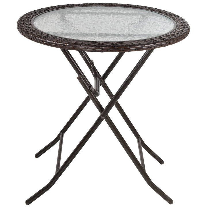 Folding Rattan Garden Dining Table, 68 cm Round Rattan Garden Table with Water Ripple Tempered Glass Top, Wicker Edging and Steel Frame for Outdoor, Patio, Brown