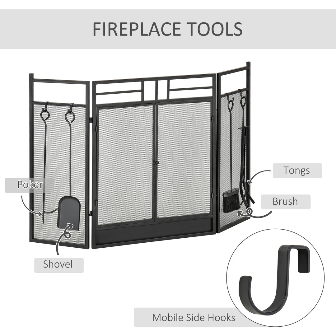 HOMCOM 3 Panel Folding Fire Guard, Steel Fireplace Screen with Double Door and Mesh Design for Open Fire, 122W x 80H cm, Black | Aosom UK