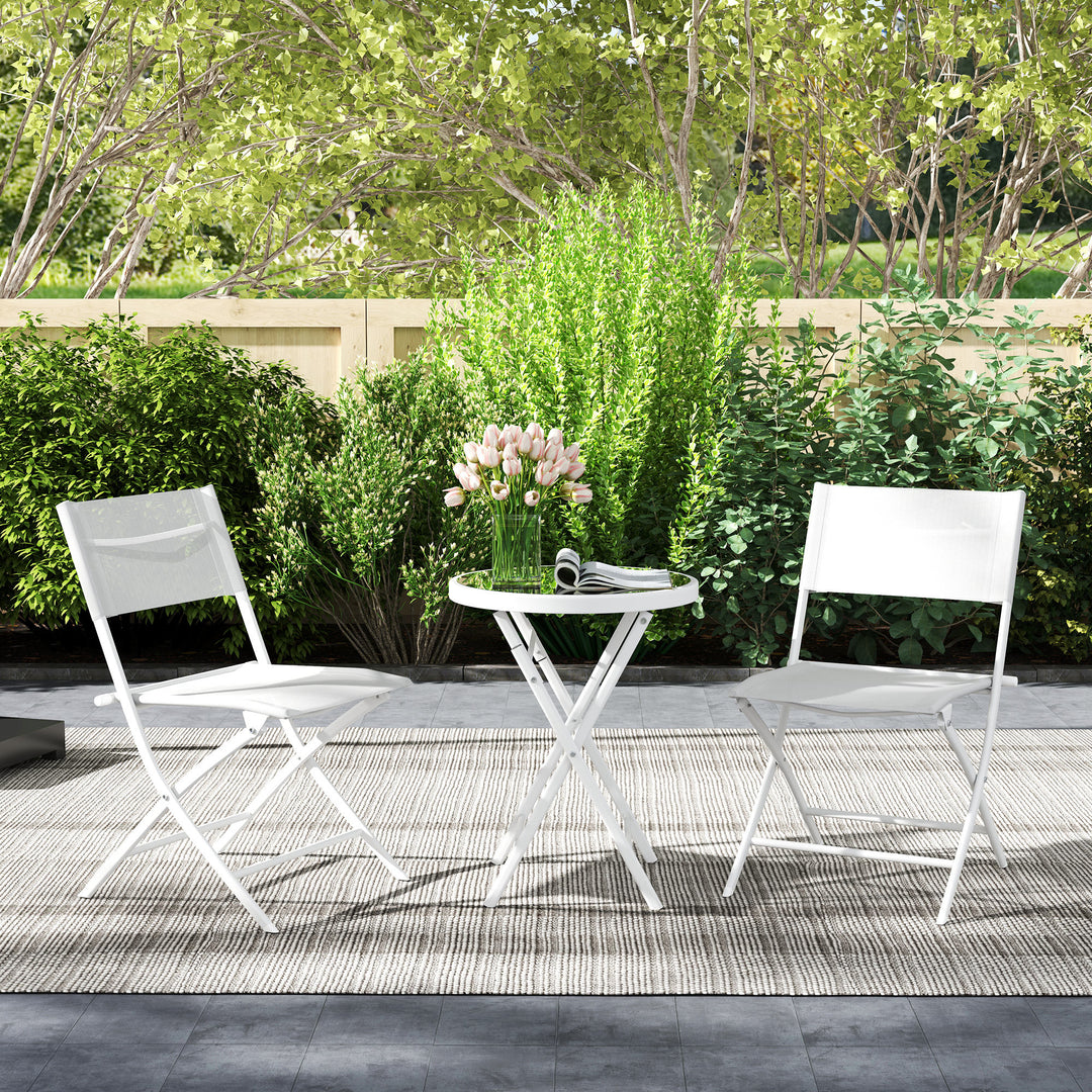 3 Pieces Outdoor Bistro Set, Glass Top Outdoor Table and 2 Folding Chairs with Protecting Feet, White