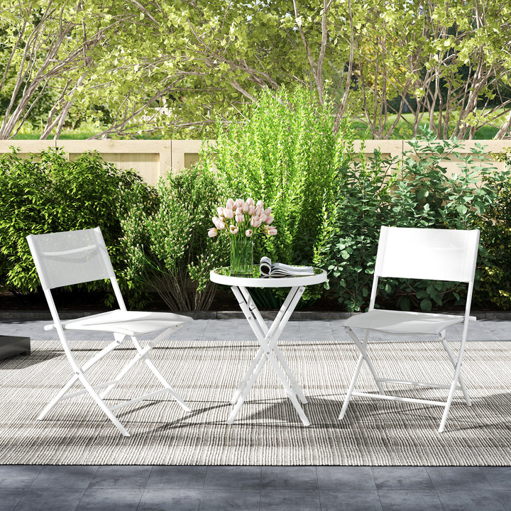 3 Pieces Outdoor Bistro Set, Glass Top Outdoor Table and 2 Folding Chairs with Protecting Feet, White