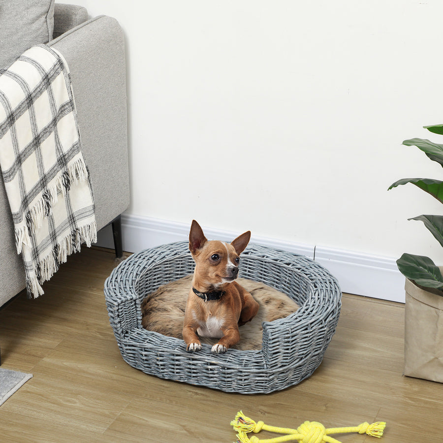 Wicker Pet Bed Willow Dog Cat Sofa Couch Puppy Basket with Cushion Grey 57L x 46W x 17.5H cm