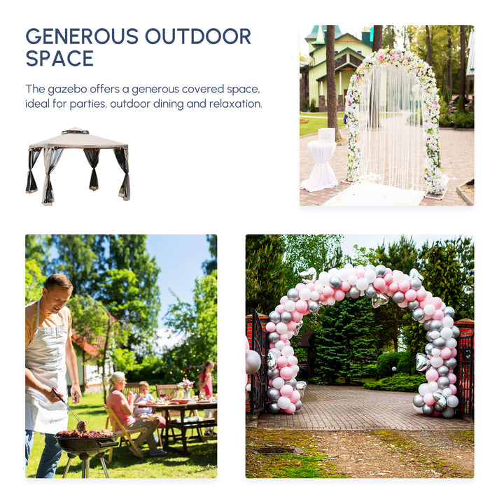 Outdoor Gazebo, 2-tier Roof W/Netting, 295L x 295W x 263Hcm-Taupe