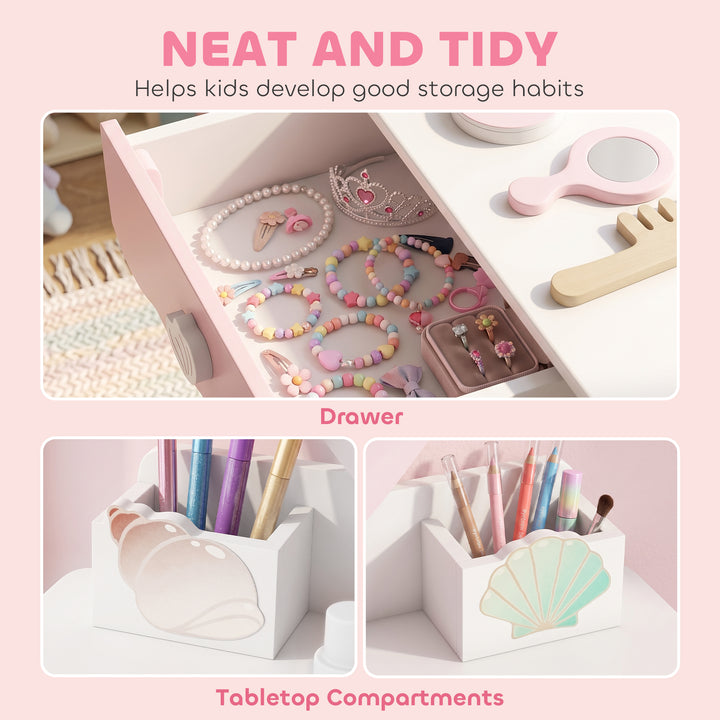Kids Vanity Set, Kids Dressing Table with Chair, Acrylic Mirror, Light