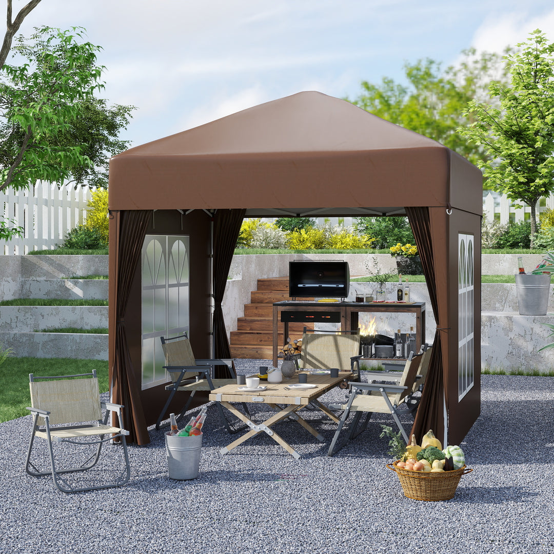 2 x 2 m Garden Pop Up Gazebo, Wedding Party Tent Marquee, Water Resistant Awning Canopy with Sidewalls, Windows, Carry Bag, Coffee
