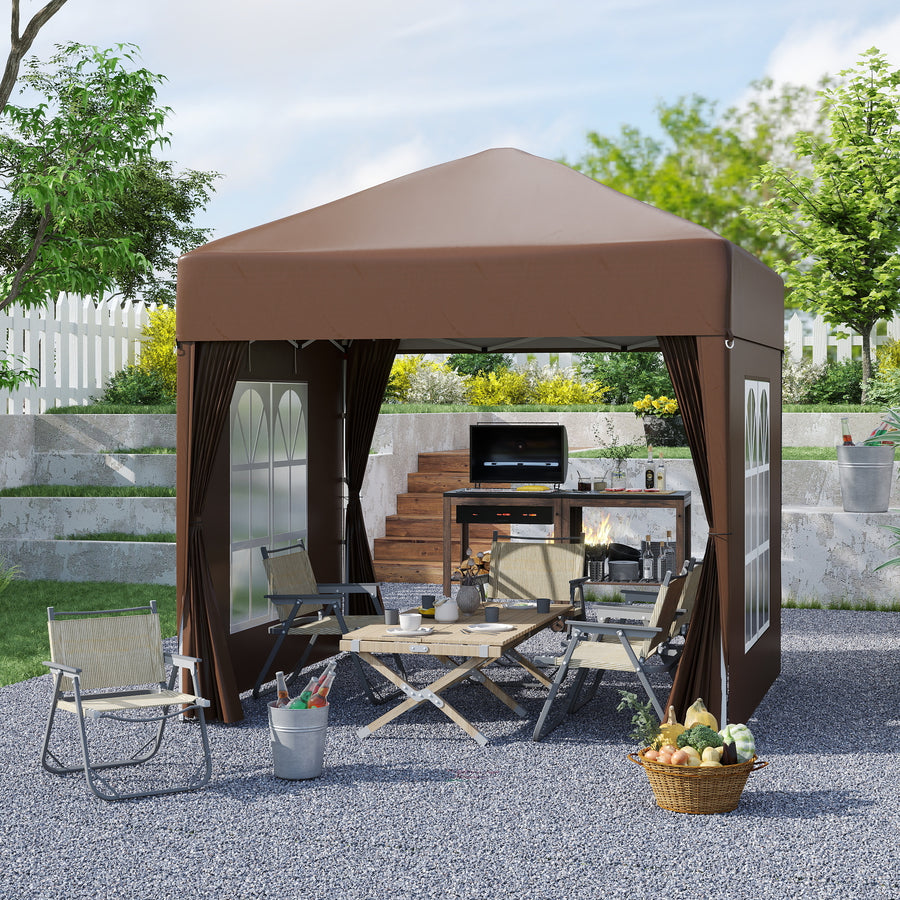 2 x 2 m Garden Pop Up Gazebo, Wedding Party Tent Marquee, Water Resistant Awning Canopy with Sidewalls, Windows, Carry Bag, Coffee