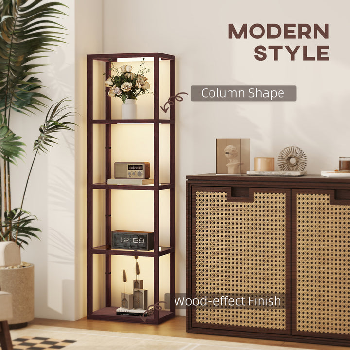 LED Floor Lamp with Glass Shelves, 4 Layers Dimmable Tall Standing Lamp, Modern Column Shelf Floor Light for Living Room, Bedroom, Office, Dark Brown