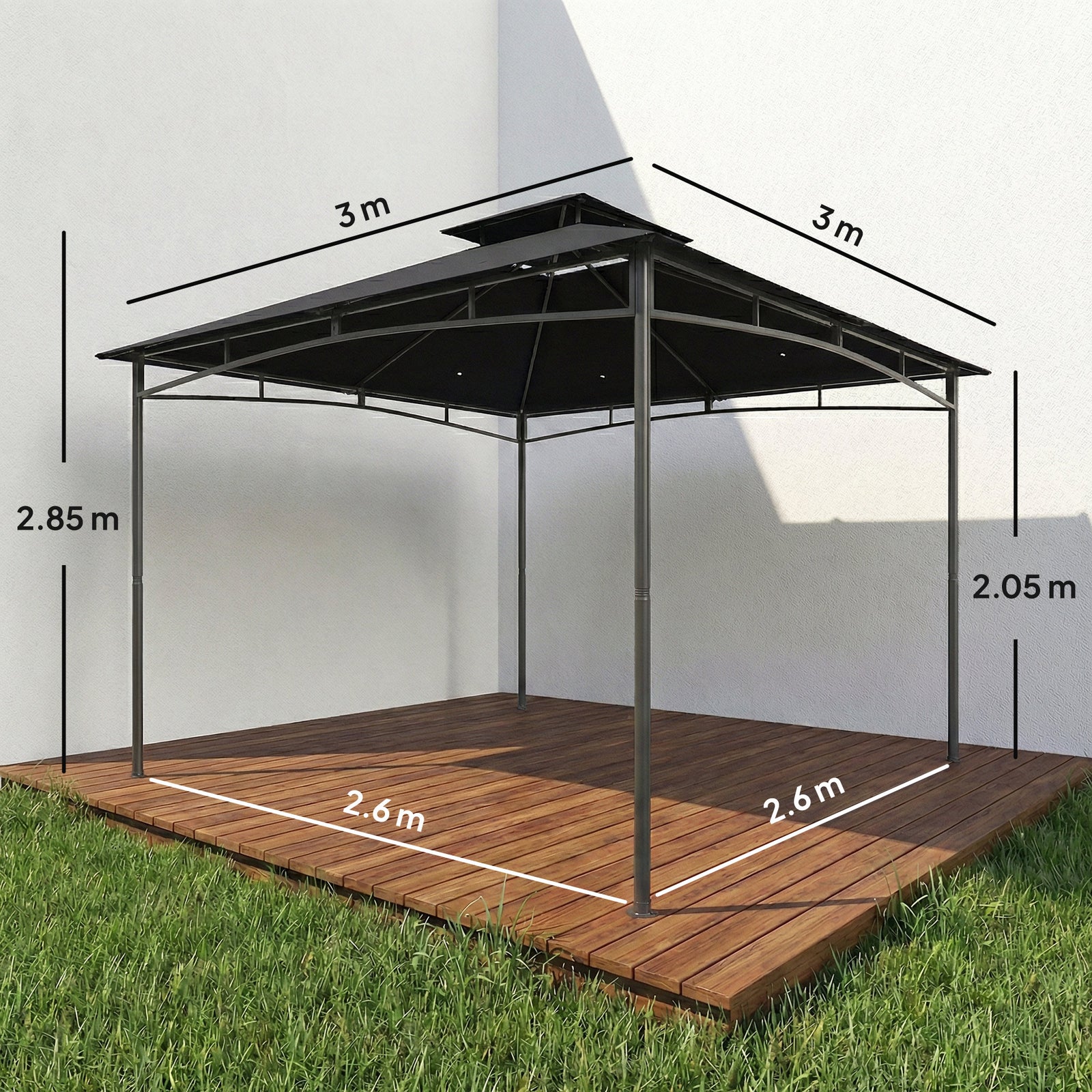 3 x 3 m Gazebo, Garden Gazebo with 2-Tier Roof, Metal Frame, Black