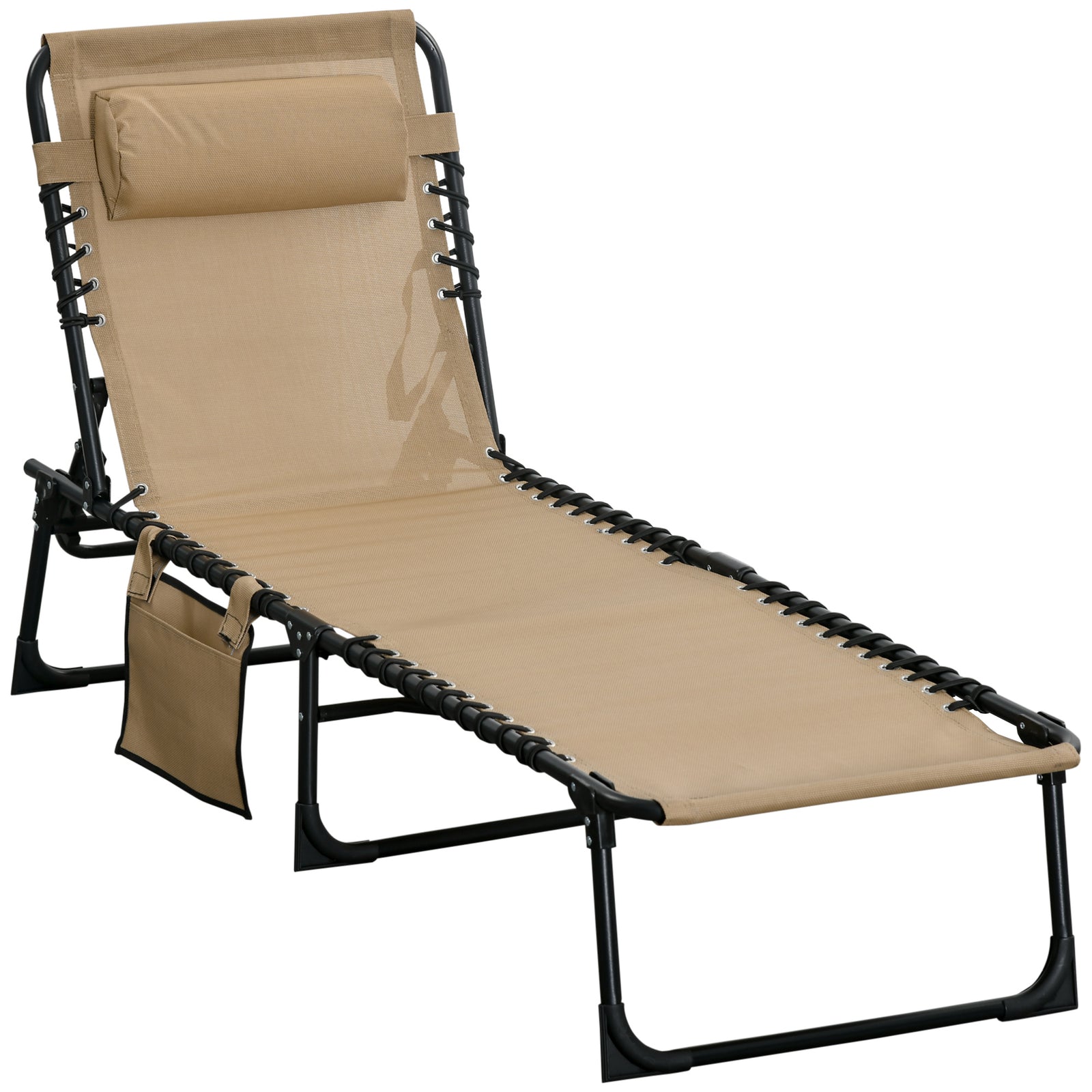 Portable Sun Lounger, Folding Camping Bed Cot, Reclining Lounge Chair 5-position Adjustable Backrest with Side Pocket, Pillow for Patio Garden Beach Pool, Beige