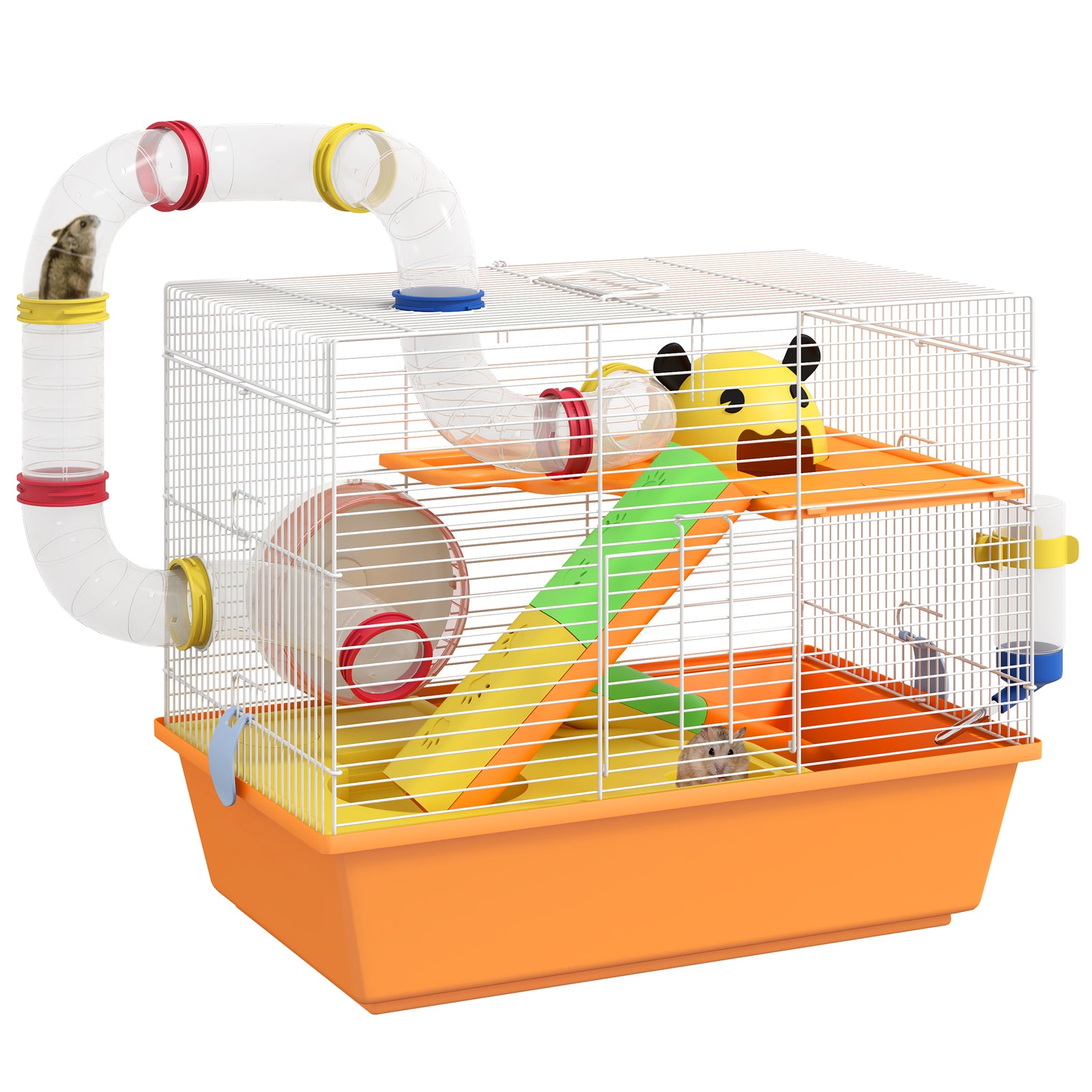 3 Tiers Gerbil Cage, Hamster Cage with Tubes, Exercise Wheel, Ladder, Top Handle, 45 x 28 x 37cm - Orange