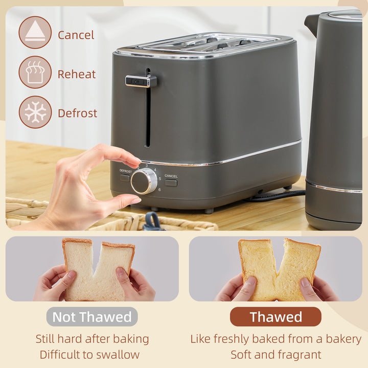 Kettle and Toaster Set, 1.7L 3000W Fast Boil Kettle & 2 Slice Toaster Kitchen Set with 6 Level Browning Controls, Defrost, Reheat, Grey