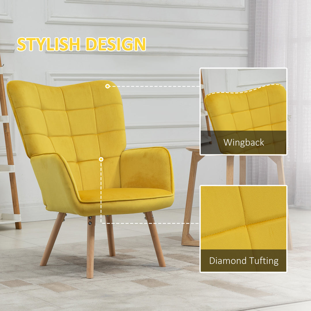 Modern Accent Chair HOMCOM Velvet-Touch Tufted Wingback Armchair Upholstered Leisure Lounge Sofa Club Chair with Wood Legs, Yellow | Aosom UK