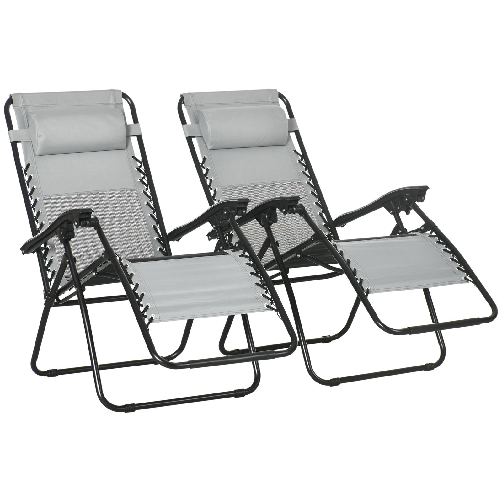 Garden Recliner Chairs Set of 2, Outdoor Foldable Zero Gravity Chairs Set w/ Footstool and Detachable Headrest, Grey