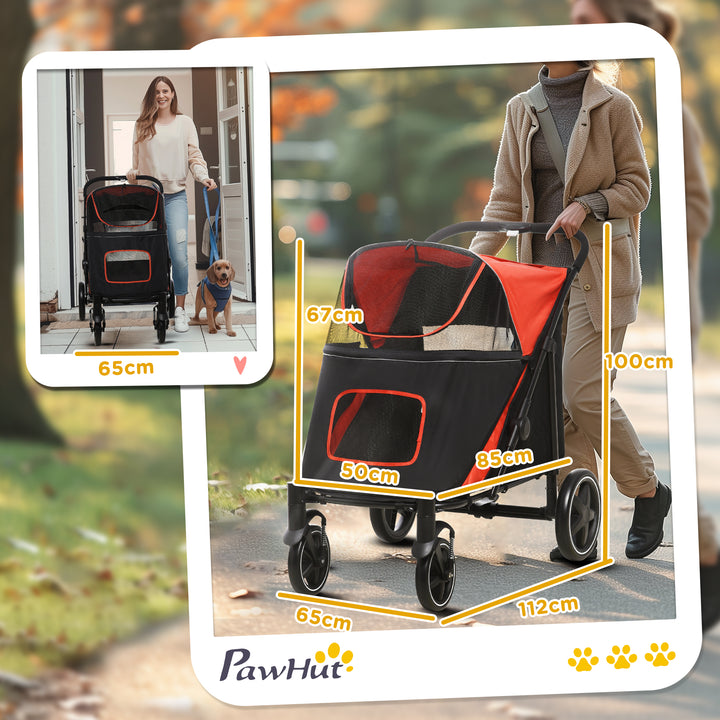 PawHut Pet Stroller with Universal Front Wheels, Shock Absorber, One Click Foldable Dog Cat Carriage with Brakes, Storage Bags, Red | Aosom UK