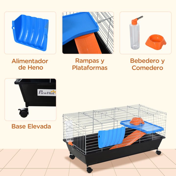 Small Animal Cage Rabbit Guinea Pigs Chinchillas Cage w/ Wheels Water Bottle Food Dish Platform Ramp 89 x 44 x 43 cm Black