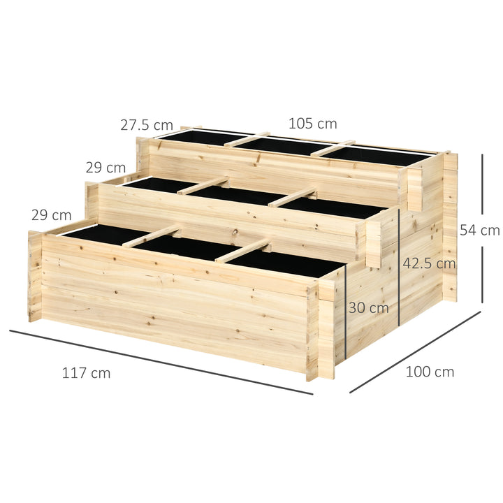 117cm x 100cm x 54cm 3 Tier Raised Garden Bed 376L Fir Wood Elevated Planter Flower Box with 9 Grow Grids and Non-woven Fabric for Vegetables, Flower, Herb Outdoor Indoor Use