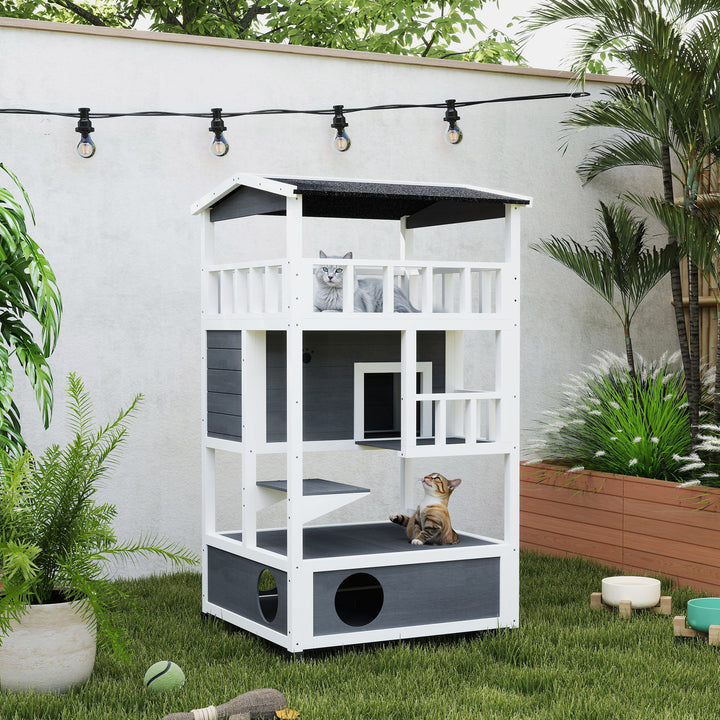 Wooden Outdoor Cat House, 3-Tier Cat Shelter with Tilted Roof, Terrace, Jump Step, Bottom Tray and Elevated Base, Waterproof Paint, Grey