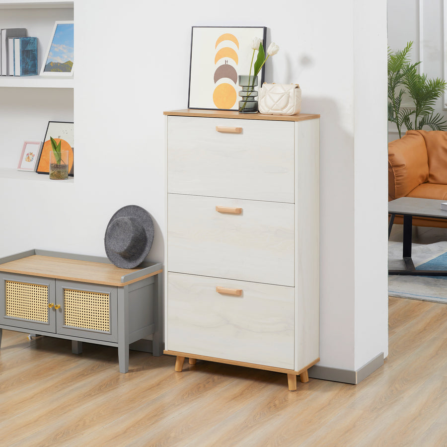 Narrow Shoe Cabinet, Slim Shoe Storage Cabinet with 3 Flip Drawers and Adjustable Shelves, 12 Pair of Shoes Organizer for Hallway, Entryway, Cream White