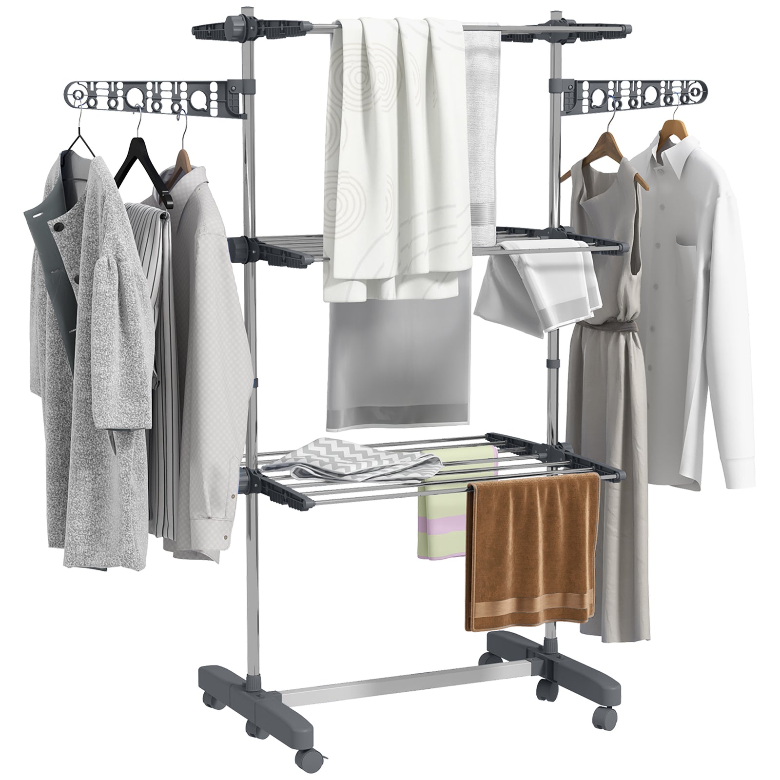 Three-Shelf Collapsing Clothes Horse, With Side Arms and Wheels - Grey