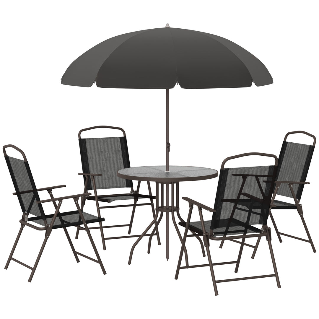 MCL 6 Piece Garden Dining Set with Umbrella, Patio Sets with Parasol with 4 Folding Dining Chairs & Round Tempered Glass Table, Black