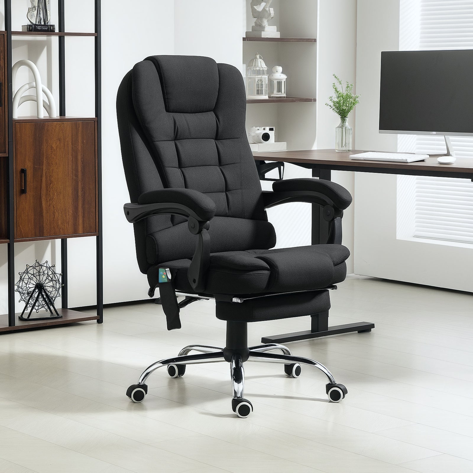 Office Chair with 6 Point Massage and Back Heat, Microfibre Desk Chair with Footrest Adjustable Height and Swivel Wheels, Back Reclining, Full Black