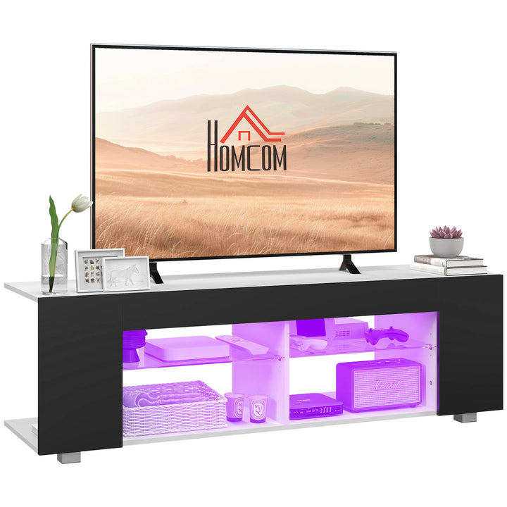 HOMCOM TV Stand, 145cm Modern TV Unit with Glass Shelves, RGB LED Light for 32 40 43 50 52 55 60 inch 4k TV, Black | Aosom UK