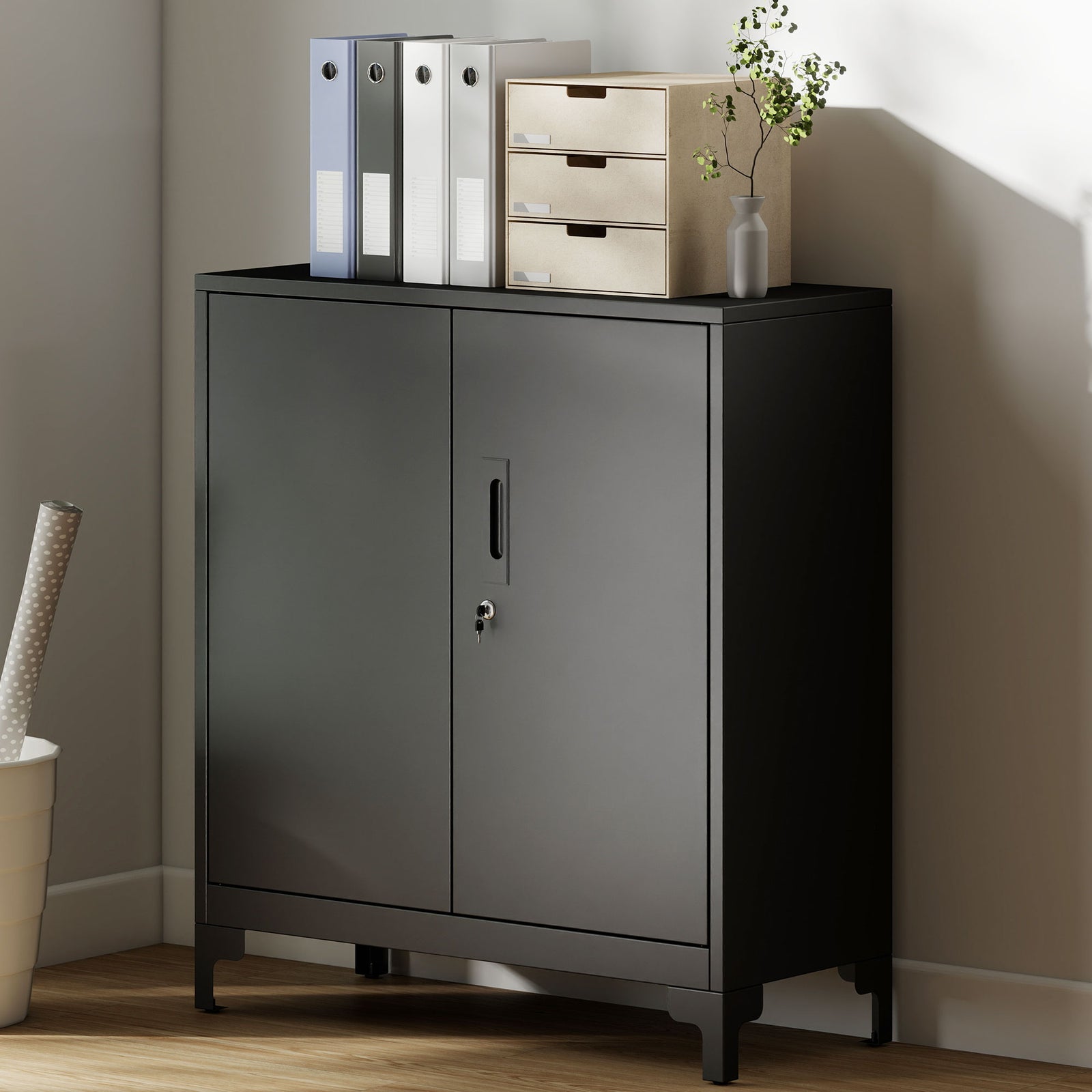 Lockable Metal Filing Cabinet, 2-Tier Storage Cupboard with Double Doo