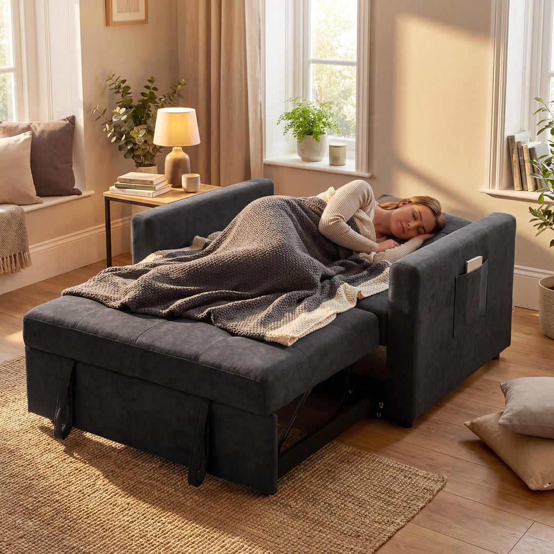Loveseat Sofa Bed, Convertible Bed Settee with 2 Pillows, Side Pockets