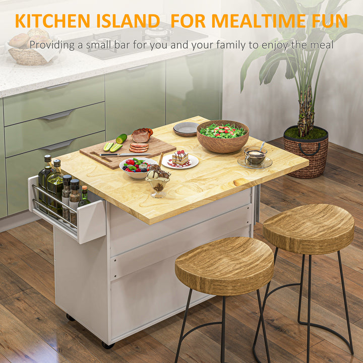 Drop-Leaf Kitchen Island on Wheels with Extendable Rubber Wood Worktop, Rolling Kitchen Storage Trolley, Utility Storage Cart with Drawers & Cabinet for Kitchen, Dining & Living Room, White