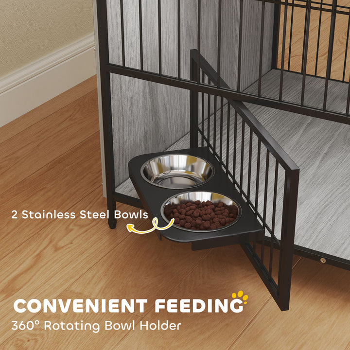 Dog Crate Furniture with Rotating Bowl Holder, 2 Bowls, 2 Doors, for Medium Dogs, 80 x 56 x 76.5 cm, Grey