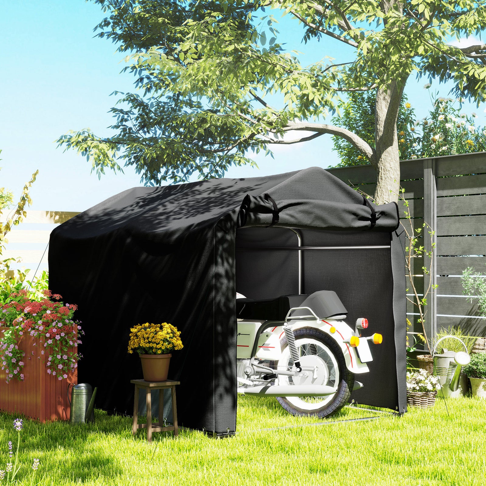 2.2 x 1.6 m Garden Storage Tent, Waterproof Anti-UV Bike Tent with Roll-up Zipper Door, Galvanised Outdoor Storage Shelter Carport for Bike, Motorbike, Garden Tools, Black