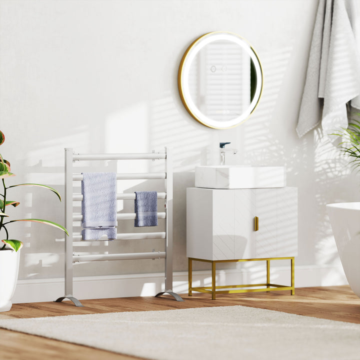 MCL Round LED Bathroom Mirror, Dimmable Lighted Wall Mount Mirror with 3 Colours, Time Display, Memory Function, Hardwired