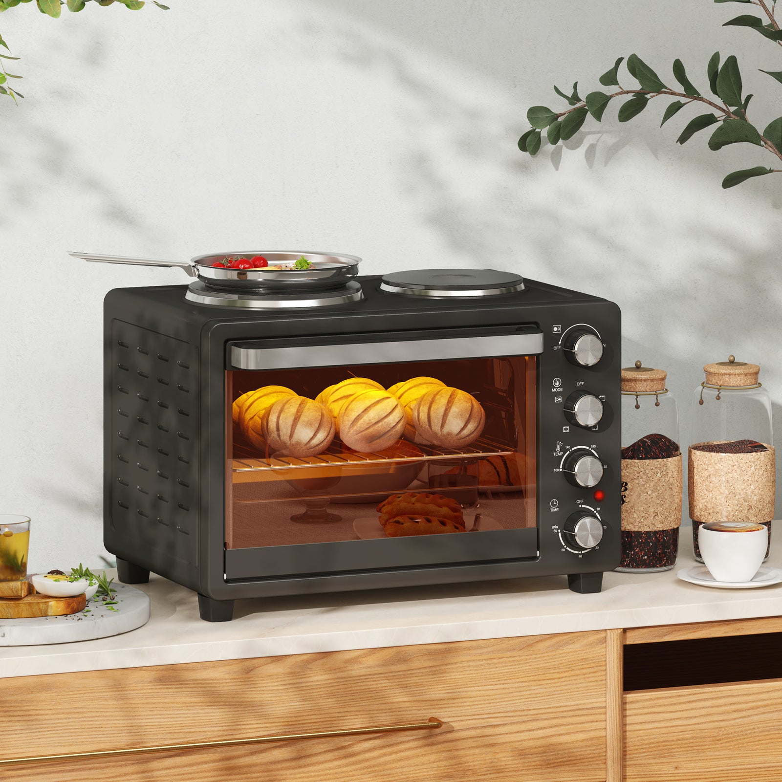 28L Mini Oven with 2 Hot Plates, Countertop Toaster Oven, Grill, Roast, Bake, Boil, with Timer, Adjustable Temperature, Electric Oven with Baking Tray, Grill Rack, Crumb Tray, 2600W, Black