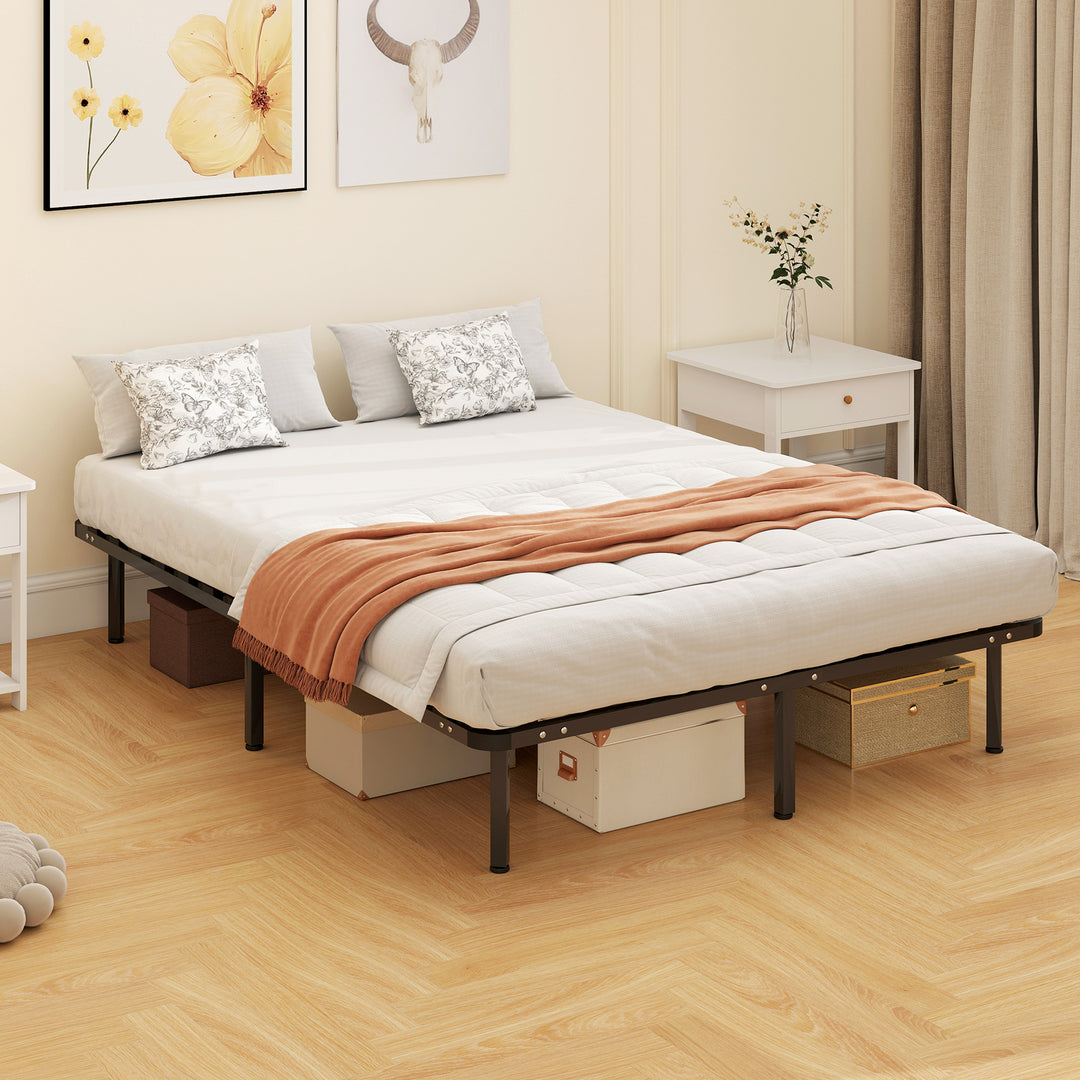 4ft6 Double Bed Frame, Metal Platform Bed Frame with 2 x 14 Wood Slats