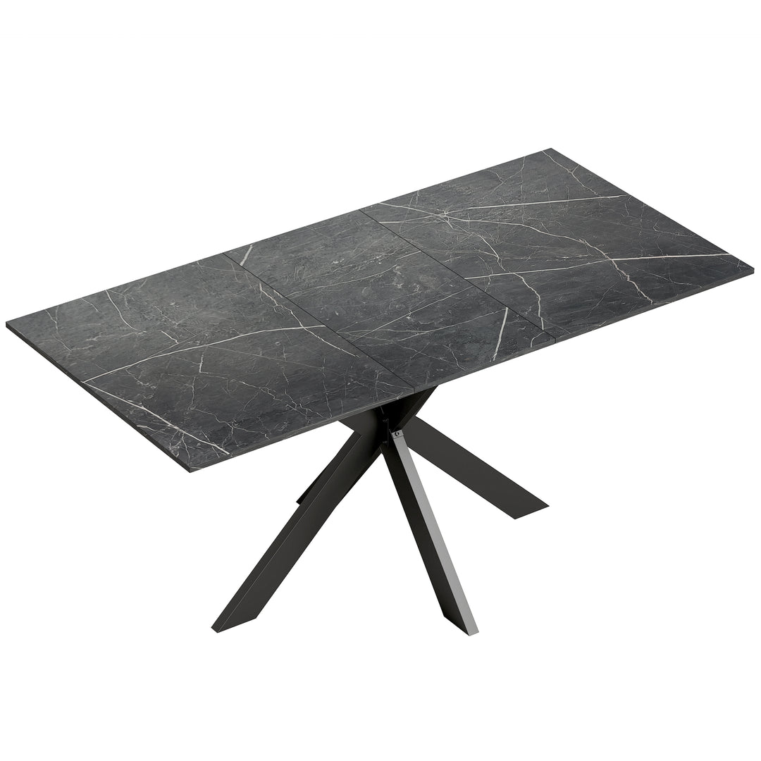 Extendable Dining Table Steel Cross Legs Steel Rails Space Saving - Black Marble Effect