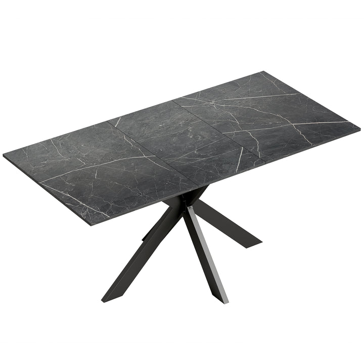 Extendable Dining Table Steel Cross Legs Steel Rails Space Saving - Black Marble Effect