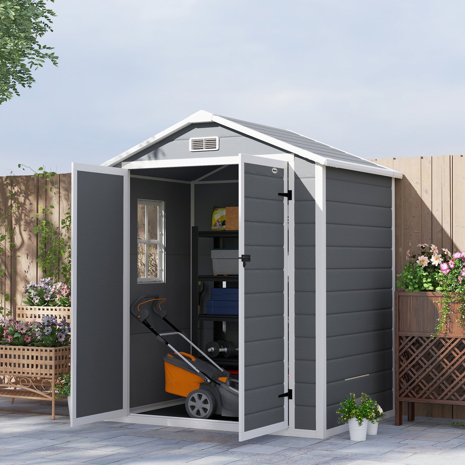 6'x4.5' Garden Storage Shed, Lockable Garden Shed with Double Doors, Window, Vent and Plastic Roof, Grey