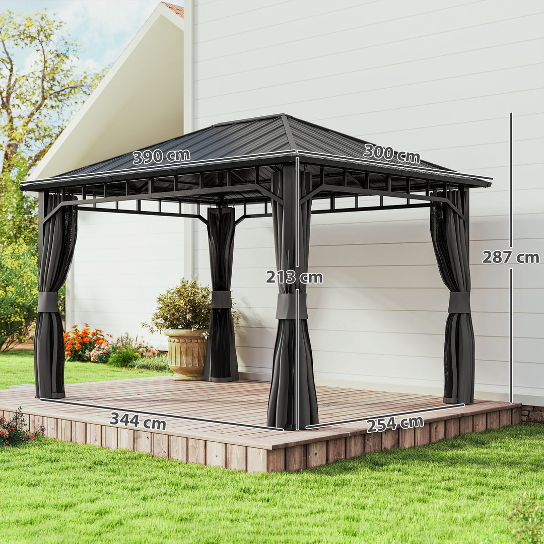 3 x 4m Hardtop Gazebo with Galvanised Steel Roof and Water Gutter, Waterproof Permanent Pavilion Garden Gazebo with Netting and Curtains for Patio, Deck