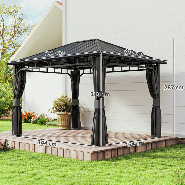 3 x 4m Hardtop Gazebo with Galvanised Steel Roof and Water Gutter, Waterproof Permanent Pavilion Garden Gazebo with Netting and Curtains for Patio, Deck