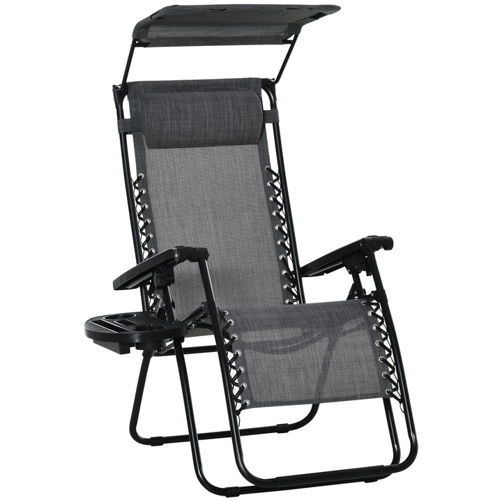 Outsunny Zero Gravity Garden Deck Folding Chair Patio Sun Lounger Reclining Seat with Cup Holder & Canopy Shade - Grey | Aosom UK